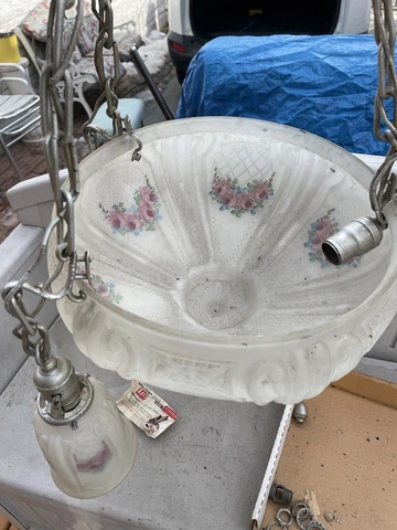 Antique Art Deco Pendant Hanging Light Satin Milk Glass Reverse Hand Painted Cover
