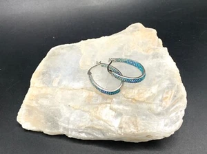 Beautiful Silver tone inside-out Blue & White Crystal Oval Hoop Earrings Gift - Picture 1 of 9