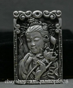 3" China Miao Silver Quan Guan Yin Goddess Boddhisattva Flower Amulet Pendant - Picture 1 of 3