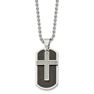 Stainless Steel Polished Blk/Grey Carbon Fiber Inlay Cross/DogTag Necklace - Image 1 of 4