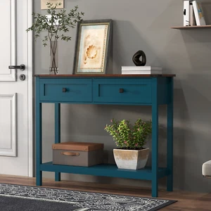 Farmhouse Style Console Table w/ 2 Drawer and Bottom Storage Shelf for Entryway - Picture 1 of 18