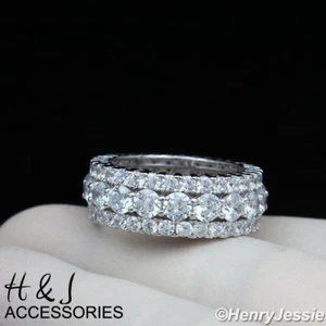 MEN SOLID 925 STERLING SILVER FULL ICY BLING CZ 9MM WEDDING BAND RING*ASR105 - Picture 1 of 4