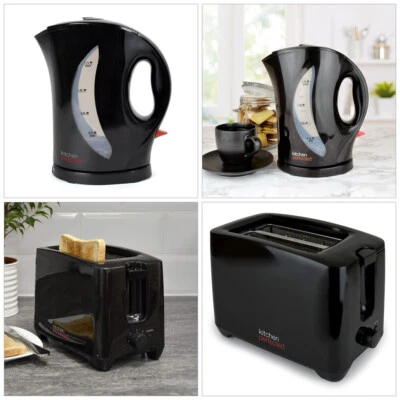 Black 1.7 ltr 2200W Cordless Electric Jug Kettle + Wide Slot 2 Slice Toaster Set - Image 1 of 4