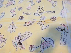 Marcus Brothers Textiles Yellow Fabric with Fish, Trees ~ Vintage ~ 1 Yard 29" - Picture 1 of 1