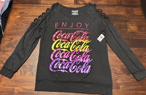 NWT Coca-Cola Logo Black Cold Shoulder Shirt Women’s Size Small - Picture 1 of 6