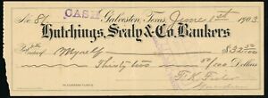 Hutchings Sealy & Co. Bankers Galveston Texas $32.50 Paid Check Cheque 1903 USA