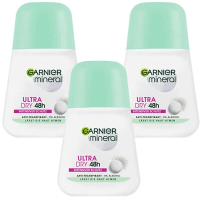 3x 50ml Garnier mineral Ultra Dry 48h Deo Roll On 0% Alcohol Anti Transpirant
