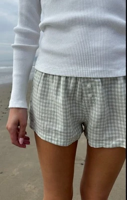 Brandy Melville Keira Pajama Linen Sage Green & White Check Shorts Sz 22” NWT - Image 1 of 4