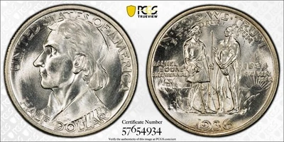 1936 Boone Silver Commemorative Half Dollar PCGS MS65 Bright Gem            5423 - Image 1 of 4