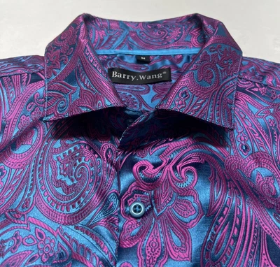 Camisa Barry Wang Para Hombres M Abotonada Mezcla Seda Jacquard Manga Larga Rosa Azul Foto 1 de 4