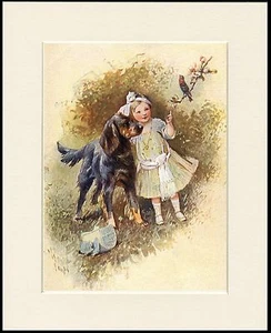 GORDON SETTER AND LITTLE GIRL CHARMING DOG PRINT MOUNTED READY TO FRAME - Picture 1 of 1