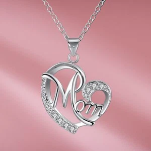 Silver "Mom" Crystal Heart Charm Pendant Gift For Mom or Mothers Day - Picture 1 of 6