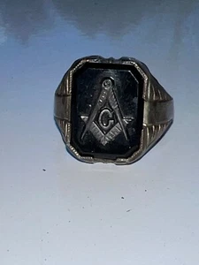 Estate Find O.B. Sterling Silver Genuine Black Stones Free Mason Men's Ring - Picture 1 of 9
