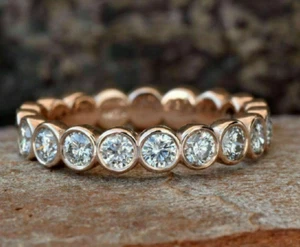 Solid 14k Rose Gold 3.23Ct Round Cut Moissanite Wedding Bezel Eternity Band Ring - Picture 1 of 6