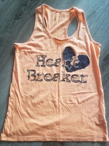 Women sz S HEART BRAKER glitter heart spell out graphic racer bk orange tank top - Picture 1 of 4