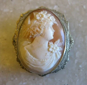 Lovely Victorian Carved Shell Cameo Pin Brooch w/ Lacy 14K Setting, Hallmark? - Picture 1 of 9