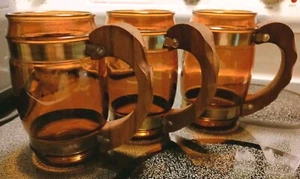 Lot of 3 Vintage Siesta Ware Amber Glass Barrel Beer Mugs Wood Handles - Picture 1 of 21
