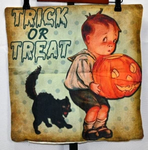Kissenbezug Vintage Antik Look "Trick or Treat" kleiner Junge Kürbis schwarze Katze - Bild 1 von 2