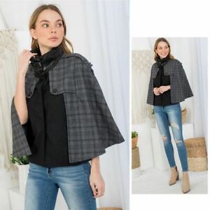 Royal English Gray Checkered Print Belted Cowl Neck Wool Cape Jacket Coat – 6554