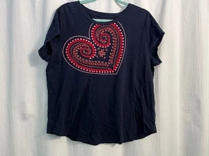 Loft Beautifully Embroidered Heart Navy Knit Top Shirt Blouse Cotton XL EUC - Picture 1 of 4
