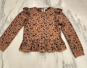 Girls JANIE AND JACK Ruffle Puff Sleeve Sweater 12 Animal Print Peplum Cotton - Picture 1 of 8