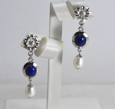 ORECCHINI ARGENTO 925 CABOCHON LAPIS NATURALE PERLE D'ACQUA DOLCE   AGHT 0937 - Immagine 1 di 3