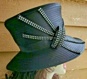 VINTAGE SCHWARZ STRASS AUGE SIGNATUR SCHLEIFE HUT 21,5" MEDIUM - Bild 1 von 12