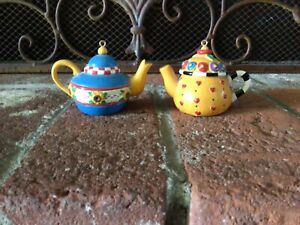 Vintage Mary Engelbreit Miniature Teapot Ornaments - Lot Of 2 Sunflowers/Hearts