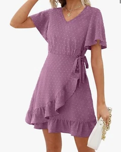 Niashot Women's Summer Wrap V Neck Print Ruffle Short Sleeve Mini Solid Dress Xl - Picture 1 of 2
