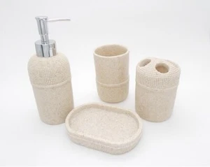 Natural Stone Bathroom Sanitary Set with Soap Dispenser Brown set of 4 D1 - Picture 1 of 6