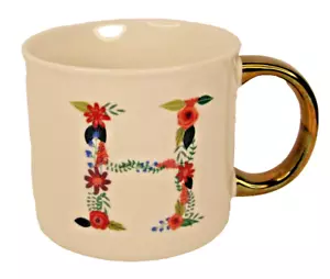 Floral Monogram Initial H Gold Handle 2-sided Cup Coffee Tea Mug NWT - Picture 1 of 3