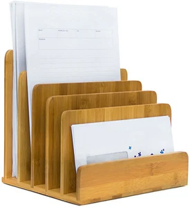 Bamboo 5 Compartment Documents Storage Rack Non-Slip Desk Freestanding Natural - Picture 1 of 8