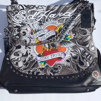 Ed Hardy Brave Heart  Stay True Studded Large Tote Crossbody Straps Vegan  - Image 1 of 4