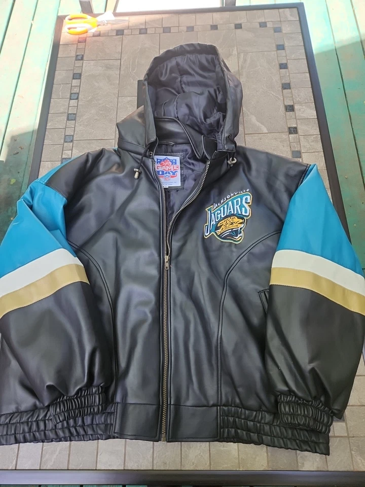 Mens 90s Jacksonville Jaguars Embroidered Faux Leather Winter Coat NFL Game Day - Image 1 of 4
