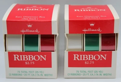 Lot of 2 Vintage Hallmark Sheen Ribbon 3 Pack Red, Green & White 75'  Each Box - Image 1 of 4