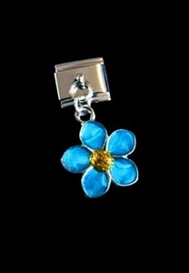 New Nomination Style Silver Dangle Charm Gold Blue Forget Me Not Flower 9mm - Picture 1 of 1