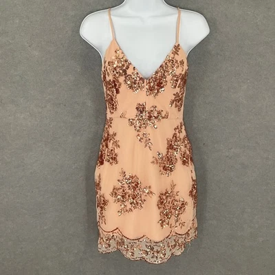 温莎派对礼服亮片花卉迷你尺寸 XS 意大利面肩带桃色鸡尾酒 — 第 1/4 张图片