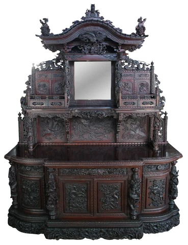 Rare Antique Monumental Japanese Imperial Carved Elm Altar Sideboard Console Cover