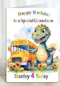 Personalised Boys Birthday Card Dinosaur beside the school bus Son Grandson - Picture 1 of 2