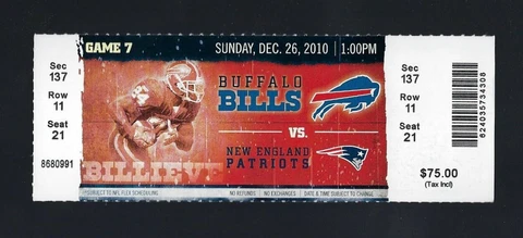 TOM BRADY 3 TDs - 2010 NFL NEW ENGLAND PATRIOTS @ BILLS FULL FOOTBALL TICKET Cover