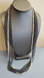 10 strand Necklace Pearl, Onyx, Hematite, 14k Gold balls w 14K Gold Clasp 32" - Picture 1 of 7