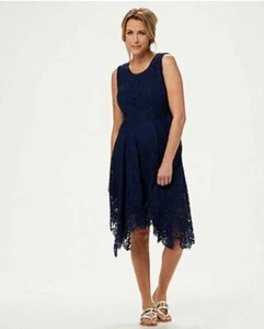 Isaac Mizrahi Live! Regular Handkerchief Hem Floral Lace Midi Dress Navy Large - Picture 1 of 4