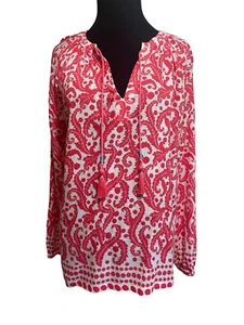 BODEN Womens Size 8 Coral Pink Floral Tunic Blouse Top Tie Tassel Cotton BOHO - Picture 1 of 22