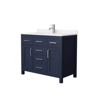 Wyndham Collection Bath Vanity 42" Wood Dark Blue/Carrara Cultured Marble Top - Picture 1 of 4