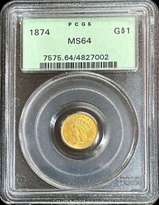 1874 GOLD US $1 DOLLAR INDIAN HEAD COIN PCGS MINT STATE 64 OGH PQ