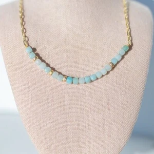 Pretty Blue Amazonite Beaded Necklace w/ Gold Paperclip Chain Waterproof Gold - Picture 1 of 12