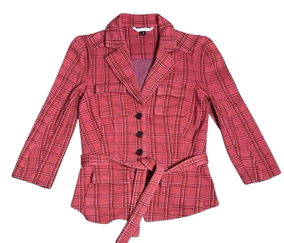 Jaqueta xadrez feminina Diane Von Furstenberg 4 vermelha malha gravata curta slim fit blazer - Imagem 1 de 4