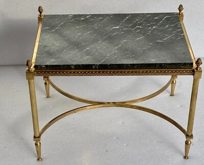 1950/70 Table Basse Bronze Doré Plateau Marbre Vert De Mer Avec Entretoise - Photo 1/4