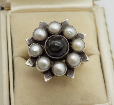 Anillo Halo Perla Zafiro Estrella Negra Hecho a Mano Talla 5.75 Sunburst Plata de Ley Foto 1 de 4