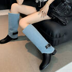 Womens Chic Leather Two Tone Buckle Strap Block Heek Knee High Boots Shoes SKGB
